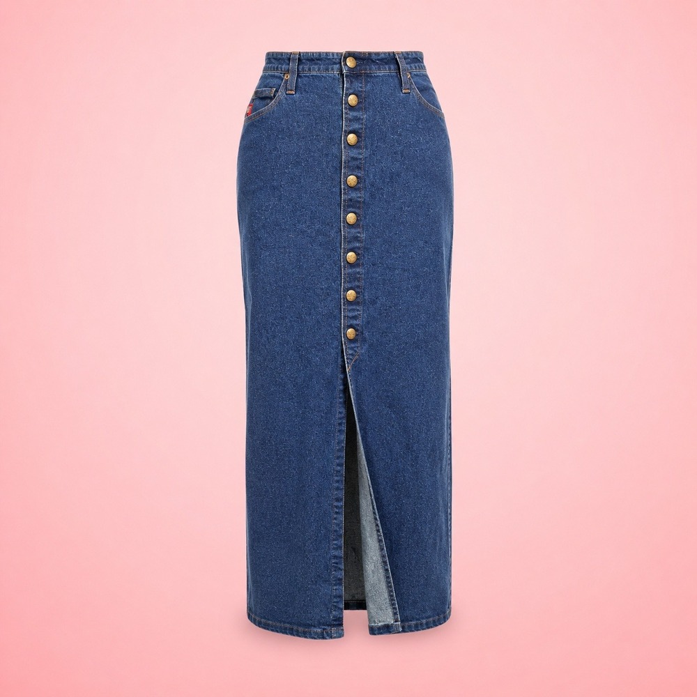 Vintage Y2K‎ Mudd Button Front Denim Maxi Skirt Front Slit Blue Festival Boho 9